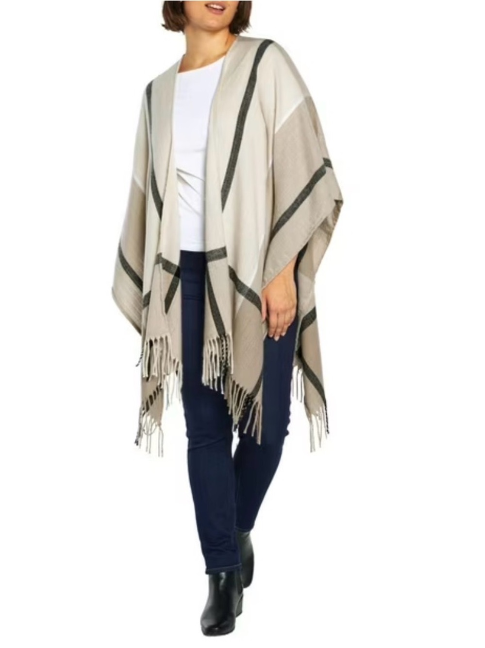 Three Dots Miranda Plaid Knit Fringe Shawl/Wrap Beige Cream Black One Size